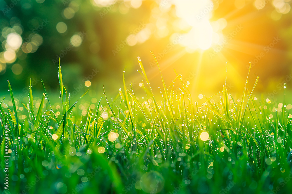 Obraz premium Dew-covered grass blades sparkling in the morning sunlight, capturing the essence of freshness and the beauty of nature