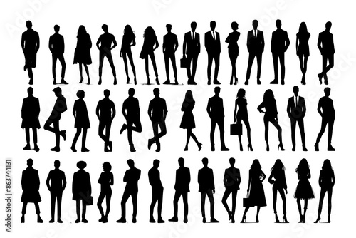 Vector silhouettes of men and a women, a group of standing business people, black color isolated on white background
