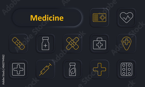 Medicine set icon. Bandage, pill bottle, crossed bandages, medical kit, health location, syringe, leaf medicine, cross, tablets. Healthcare medical supplies, treatment, pharmacy, first aid, medication