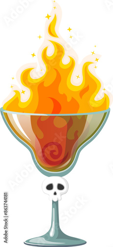 Halloween cocktail ablaze with flickering fire flames, combines mysterious ingredients and spices. Isolated cartoon vector bewitching, hot, enchanting concoction to ignite spooky celebrations