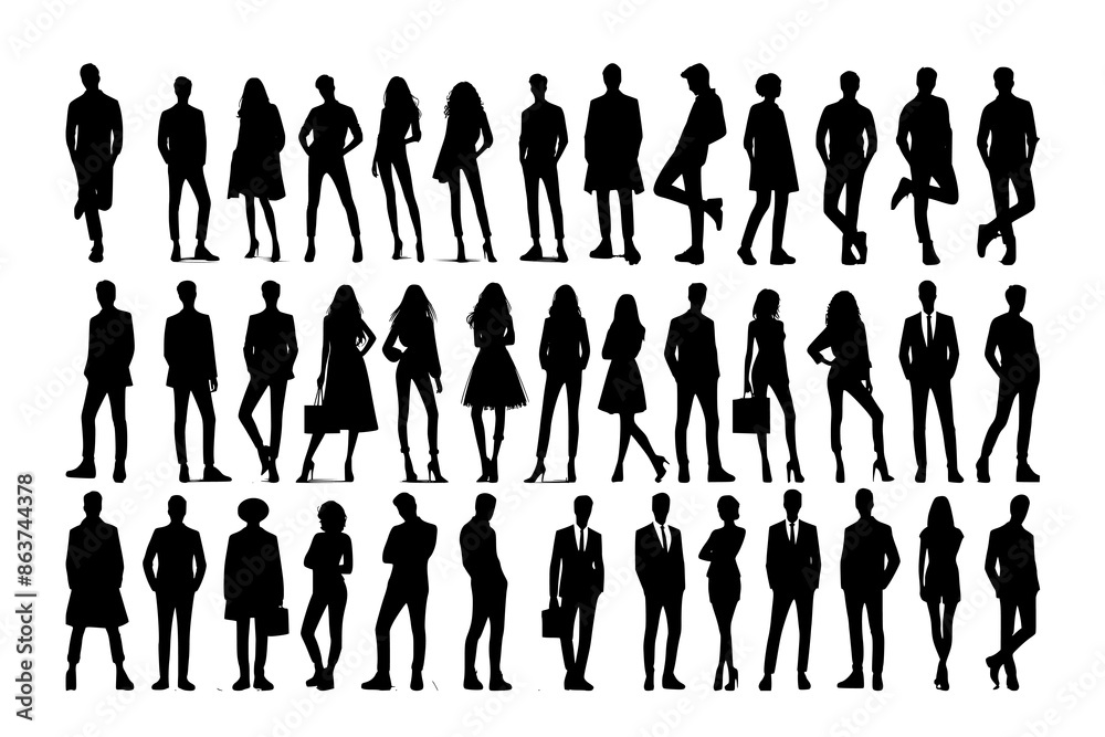 Vector silhouettes of men and a women, a group of standing business people, black color isolated on white background Vector silhouettes of men and a women, a group of standing business people, black color isolated on white background