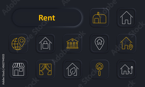 Rent set icon. Globe with pin, warehouse, museum, house with lock, shop, theater curtain, home, key, eco house, property. Property, leasing, rental services concept.