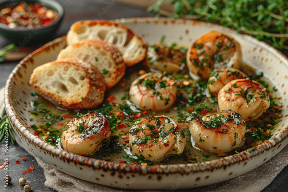 A plate of escargot, served in a garlic butter sauce with fresh herbs and a side of toasted baguette slices. A plate of escargot, served in a garlic butter sauce with fresh herbs and a side of toasted baguette slices.