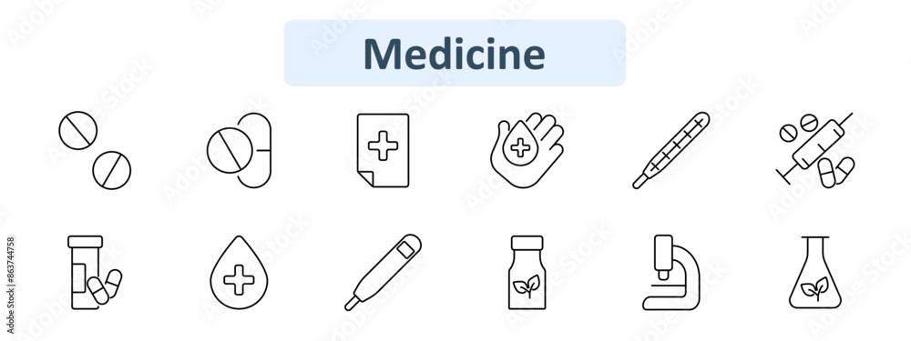 Medicine set icon. Pills, capsules, medical file, hand with drop, thermometer, syringe, pill bottle, droplet, herbal medicine, microscope, flask. Healthcare and treatment concept. Medicine set icon. Pills, capsules, medical file, hand with drop, thermometer, syringe, pill bottle, droplet, herbal medicine, microscope, flask. Healthcare and treatment concept.