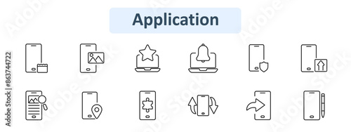 Application set icon. Mobile and desktop functions including calendar, photo gallery, favorites, notifications, security, uploads, search, location, settings, rotation, share. Digital communication