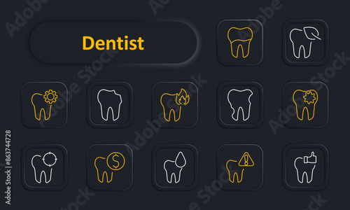 Dentist set icon. Tooth, dental care, cavity, extraction, braces, dental tools, implant, hygiene, root canal, checkup, floss. Oral health, dental services concept.