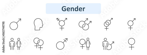Gender set icon. Male, female, transgender, non-binary, intersex, profile, couple, symbols. Identity, equality, diversity, gender roles concept.