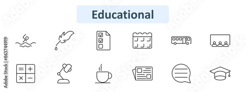 Educational set icon. Swimmer, quill, checklist, calendar, school bus, classroom, calculator, desk lamp, coffee cup, newspaper, speech bubble, graduation cap. Education, learning, school