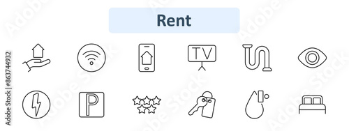 Rent set icon. Hand holding house, wifi, smart home, TV, plumbing, eye, lightning, parking, star rating, key, faucet, bed. Property rental, leasing, housing market, amenities concept