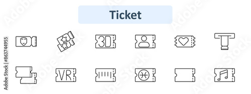 Ticket set icon. Theater, star, 3D, person, heart, turnstile, VR, barcode, basketball, music note. Admission, entertainment, event, entry concept
