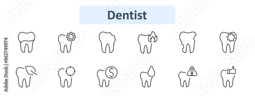 Dentist set icon. Tooth, gear, fire, broken tooth, star, leaf, target, dollar, water drop, warning, thumbs up. Dental health, care, hygiene concept