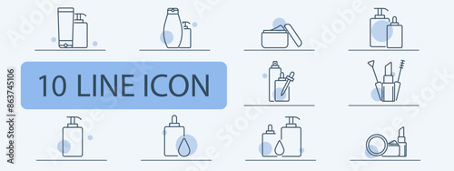 Cosmetics and beauty products line icons set. Lotion, cream, dropper, makeup tools, spray bottle. Skincare, beauty, personal care concept