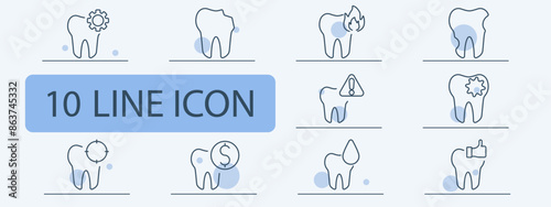 Dental care line icons set. Tooth with gear, tooth decay, toothache, dental checkup, tooth with dollar, water drop, tooth with caution, thumbs up. Dentistry, oral health, medical concept.