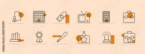 Award and achievement line icons set. Certificate, calendar, tag, TV, briefcase, bar chart, medal, trophy, badge, star, alarm, suitcase. Recognition, success, accomplishment concept
