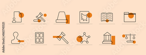 Court set icon. Gavel, badge, siren, document stamp, law book, sheriff star, person silhouette, courthouse, scales, folder. Legal system, justice, court proceedings, law enforcement, judiciary