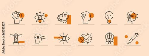 Vision set icon. Eye, gear, brain, lightbulb, lighthouse, binoculars, telescope, innovation, idea, foresight, focus, global vision. Insight, intelligence, perception, creativity, planning concept.