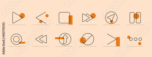 Player set icon. Play, pause, stop, fast forward, rewind, next, previous, arrow, record, menu, direction, navigation. Media controls, user interface, multimedia concept.