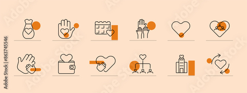 Charity set icon. Heart, hierarchy, heart calendar, raised hands, heart, wallet, institution, heart arrows, group. Donations, support, nonprofit, community help concept.