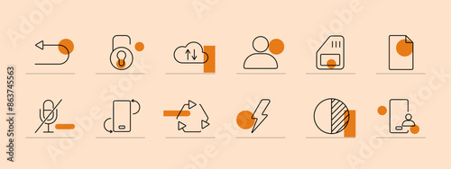 Application set icon. Mobile warning, keypad, play button, coins, settings, wallet, touch, calculator, video call, laptop, globe, microphone. Digital interface and utility concept.