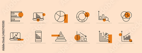 Chart set icon. Bar chart, coins, house graph, line graph, idea bulb, circle chart. Financial growth, decline, statistics, investment, analysis, economic trends concept.