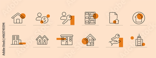 Rent set icon. House, apartment, house with key, document, person with money, high-rise building, keys, hand holding keys, skyscraper. Real estate, property rental, leasing, housing market, ownership