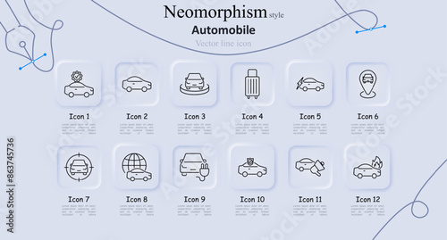 Automobile neomorphism style line icons set. Certified, profile, car on stage, luggage, electric car, map pin, target, global, plug-in car, police, fire. Vehicle categories