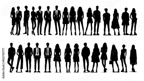 Vector silhouettes of men and a women, a group of standing business people, black color isolated on white background