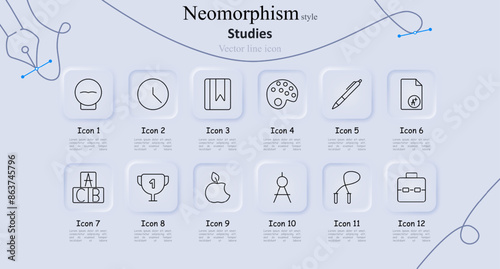 Studies neomorphism style line icons set. Human head, clock, bookmark, palette, pen, grade report, ABC blocks, trophy, apple, compass, skipping rope, briefcase. Education, learning tools concept.