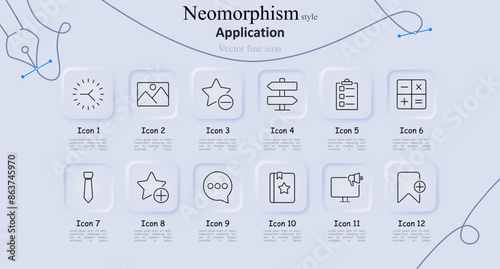 Application set icon. Clock, photo gallery, star, directions, checklist, calculator, tie, add favorite, chat, bookmark, monitor, add bookmark. Digital tools, productivity, and interface concept