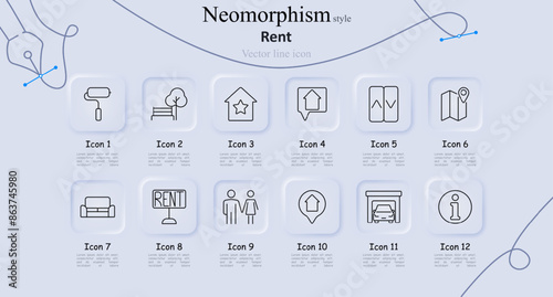 Rent set icon. Paint roller, park bench, house, map, sofa, rent sign, couple, location pin, garage, information. Real estate, housing, and leasing concept.