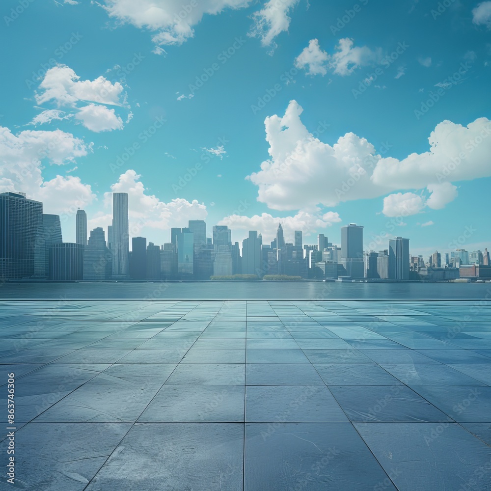 An empty square floor with a city skyline and modern buildings beneath a blue sky. Generative AI An empty square floor with a city skyline and modern buildings beneath a blue sky. Generative AI