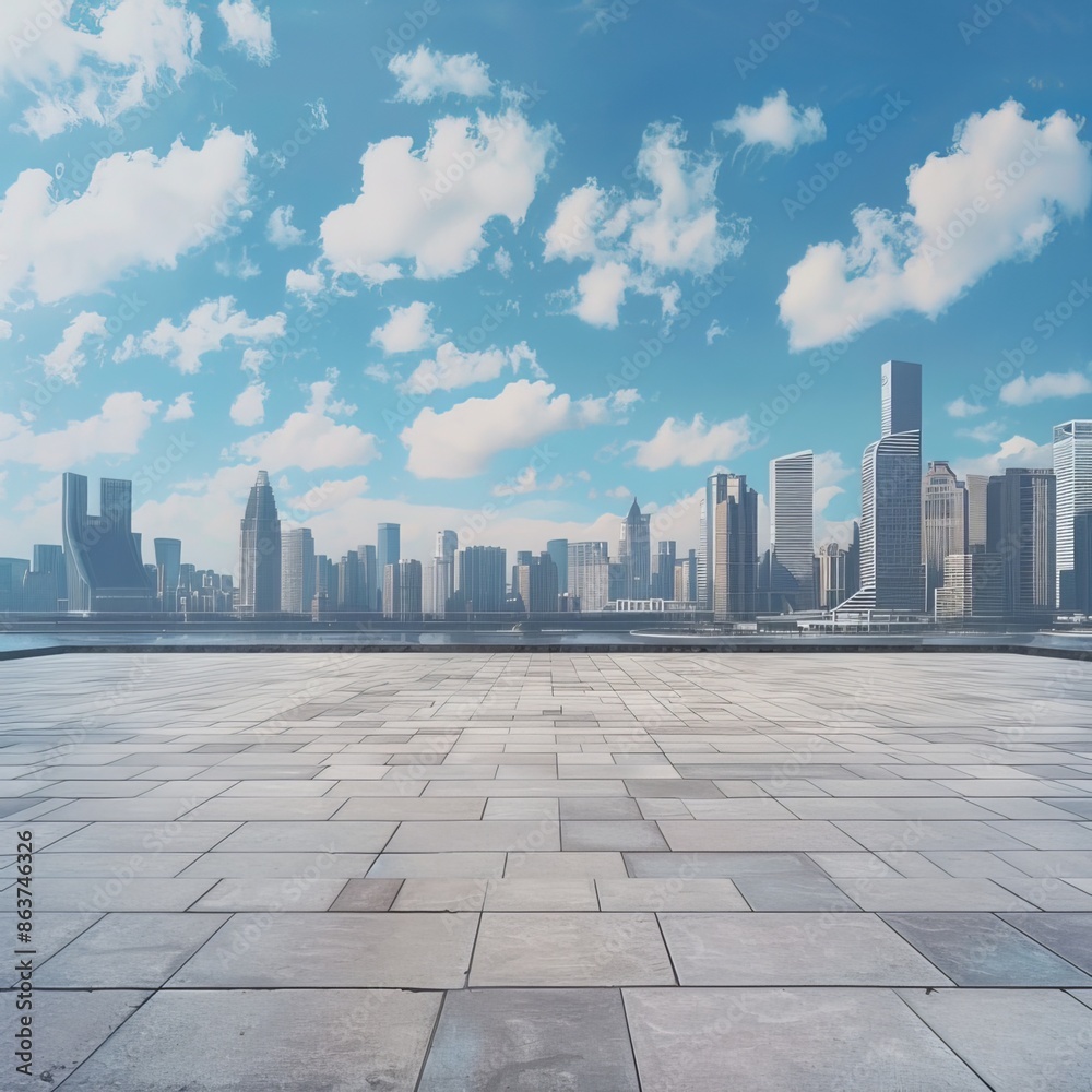 An empty square floor with a city skyline and modern buildings beneath a blue sky. Generative AI An empty square floor with a city skyline and modern buildings beneath a blue sky. Generative AI
