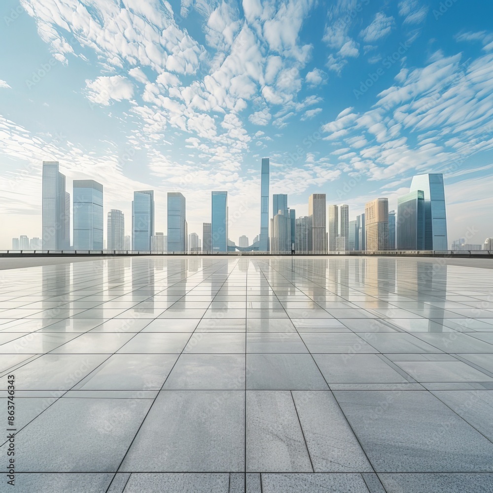 An empty square floor with a city skyline and modern buildings beneath a blue sky. Generative AI An empty square floor with a city skyline and modern buildings beneath a blue sky. Generative AI