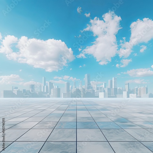 An empty square floor with a city skyline and modern buildings beneath a blue sky. Generative AI