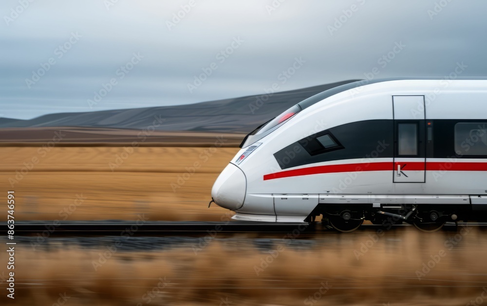 High-Speed Train in Motion Through Rural Landscape. High-Speed Train in Motion Through Rural Landscape.