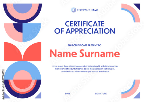 Abstract geometric appreciation certificate template, retro background of minimal graphic pattern. Vector business certificate, diploma or achievement award horizontal layout with geometric border
