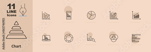 Chart set icon. Bar chart, line, pie, stacked coins, decrease graph, increase graph, statistical chart, Venn diagram, financial, pyramid. Data analysis and statistics