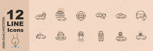Automotive set icon. Car on fire, globe, targeting, painting, electric, charging station, rental, dealership, map marker. Vector line icon on beige background.