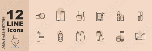 Cosmetic and skincare set icons including lotion bottle, cream jar, makeup brush, soap dispenser, perfume bottle, lipstick, and nail polish. Vector line icons on a beige background