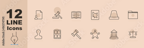 Legal and justice set icons including document, gavel, law book, sheriff badge, police light, courthouse, scales of justice, and legal stamp. Vector line icons on a beige background