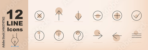 Interface set icon. Cross, up arrow, down arrow, minus, check, plus, info, exclamation, question, right arrow, left arrow, menu. User interface and navigation concept