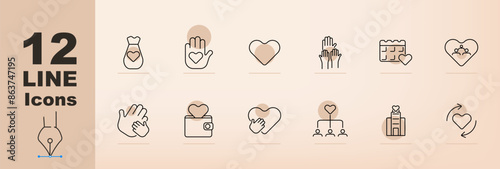 Charity and social set icon. Heart in hand, donation box, volunteer, community, calendar, hospital building, helping hands, organization chart. Charity