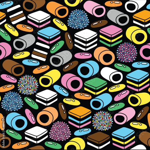 Liquorice candy seamless black background. Assorted licorice candies on black seamless background 