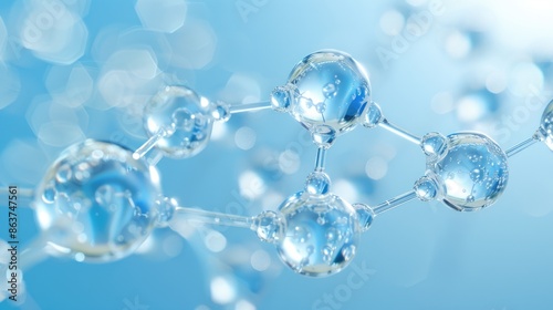 Close-up of transparent molecular structure with connecting rods on a blue background 
