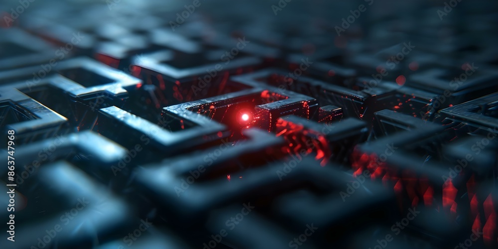 Navigating a digital maze A red laser breaches a crypto network. Concept Cybersecurity, Digital Challenges, Encryption Technology, Hacking, Network Security