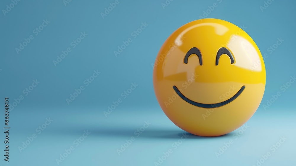 Fototapeta premium Smiling Yellow Emoji on Blue wall Background
