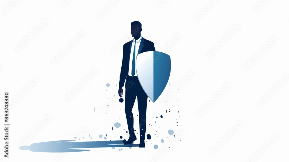 illustration of businessman standing holding a shield, indicating cybersecurity or protection concept