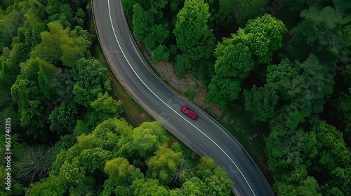 Car driving on winding mountain road with aerial view of dense green forest