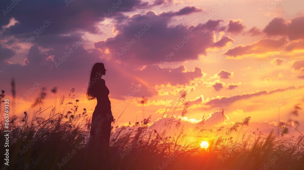 Silhouette of woman on hill at sunset with warm glow, beautiful background Silhouette of woman on hill at sunset with warm glow, beautiful background