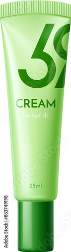 Green cream tube cosmetic product package template. Isolated 3d vector realistic mockup of cream for eyelids with a fresh aesthetic, for skincare routine focusing on moisturizing and soothing eye area